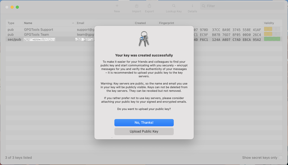 The gpg key successfully window. 