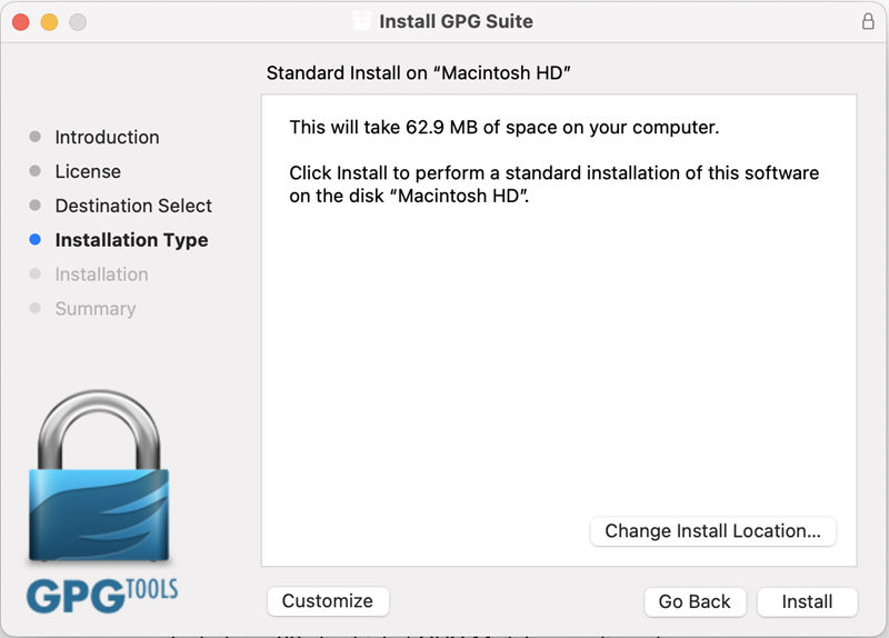 The install gpg suite mac install type