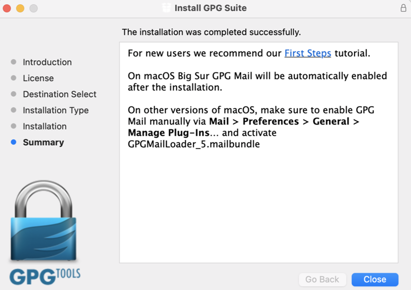 The install gpg suite summary page. 