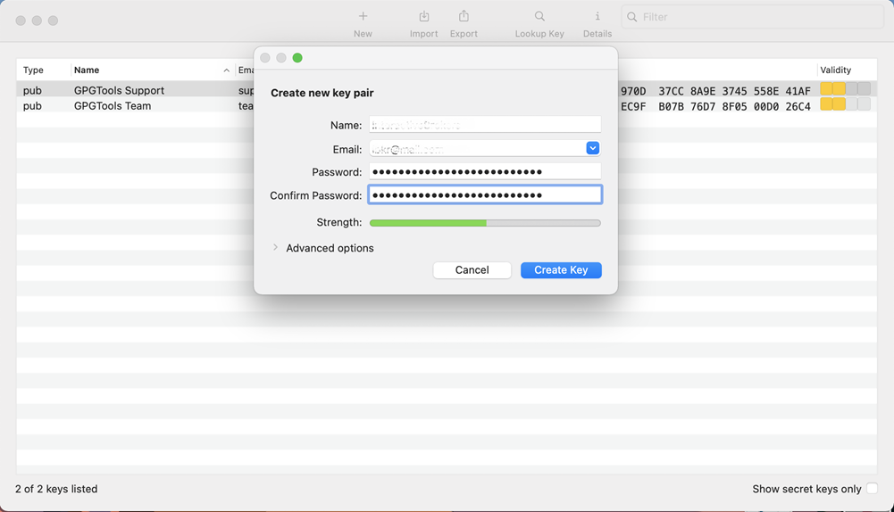 The gpg create key window