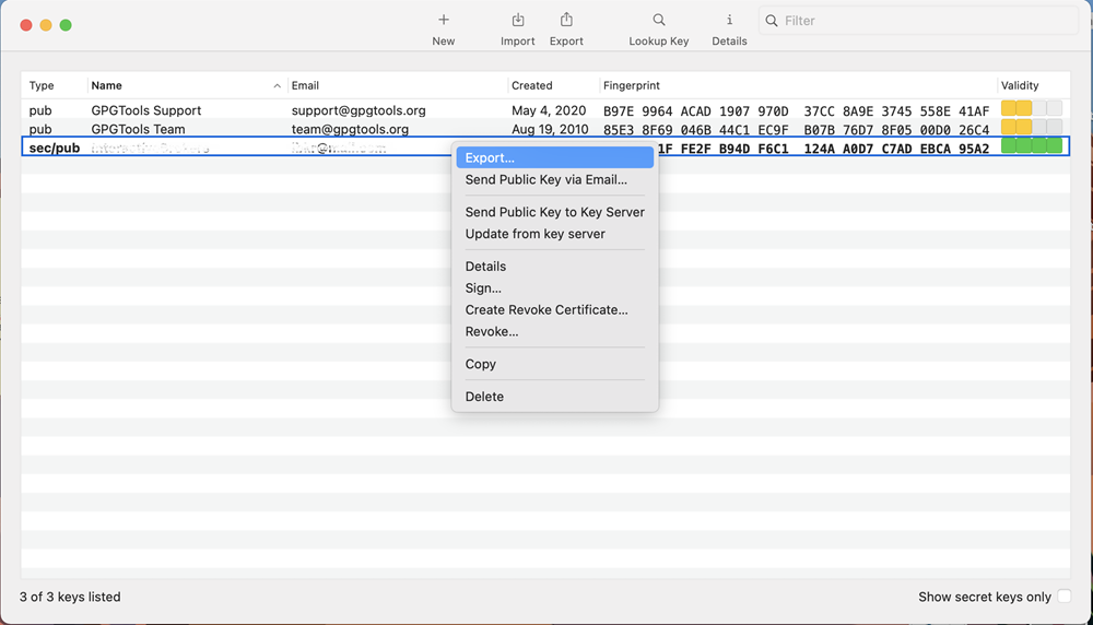 The gpg export menu