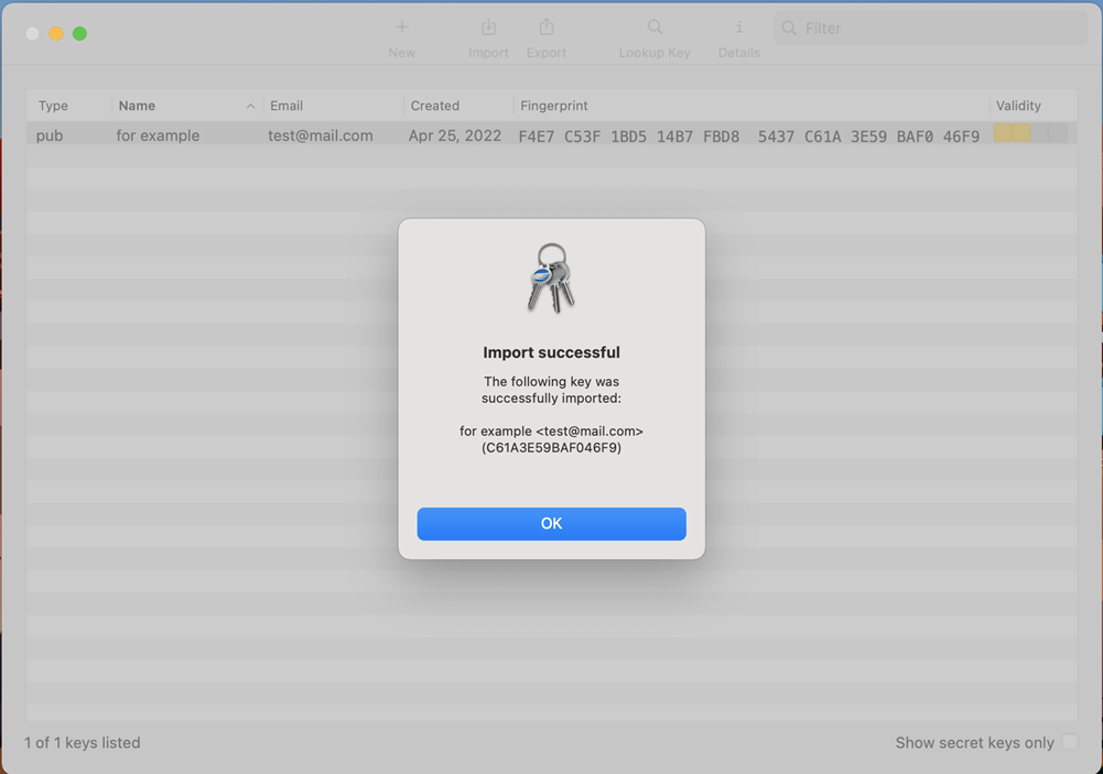 The gpg keychain import successful popup. 
