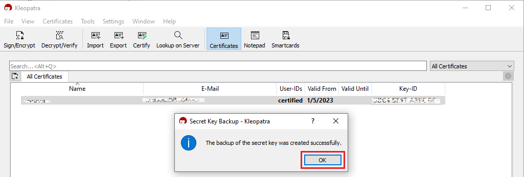 The pgp confirmation popup window. 