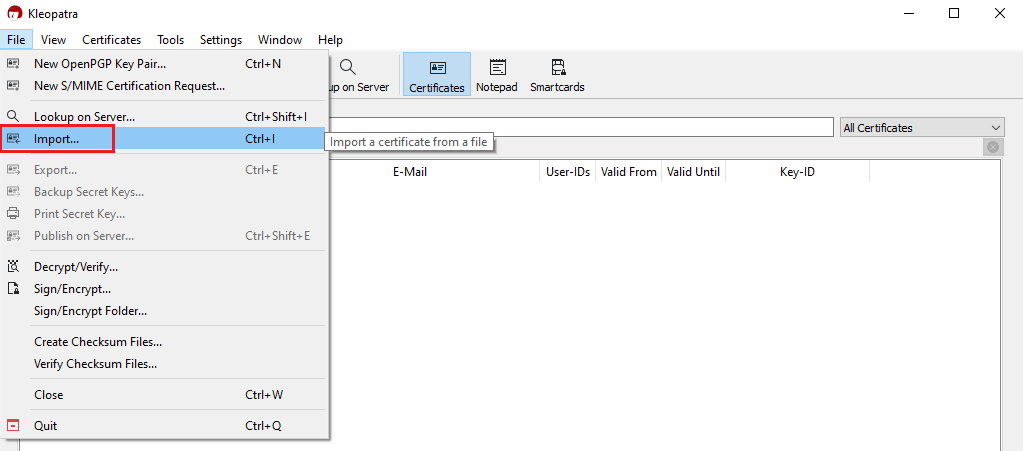 The pgp import menu