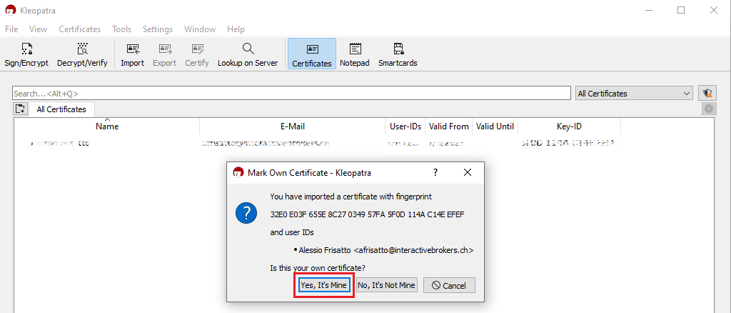 The pgp mark own certificate popup