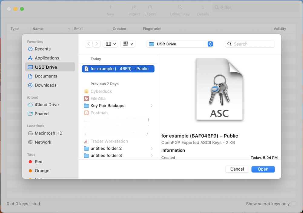The GPG keychain app import toolbar. 