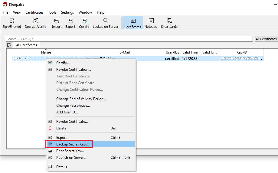 the kleopatra backup secret keys menu