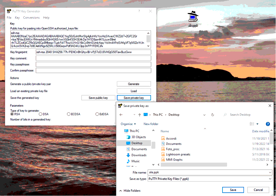 The PuTTYgen save private key window. 