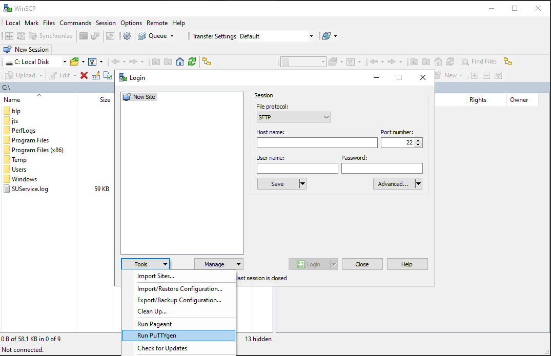 The winSCP run PuTTYgen window