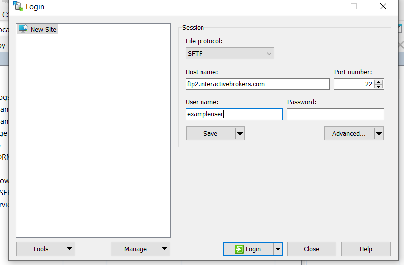the sFTP login window. 