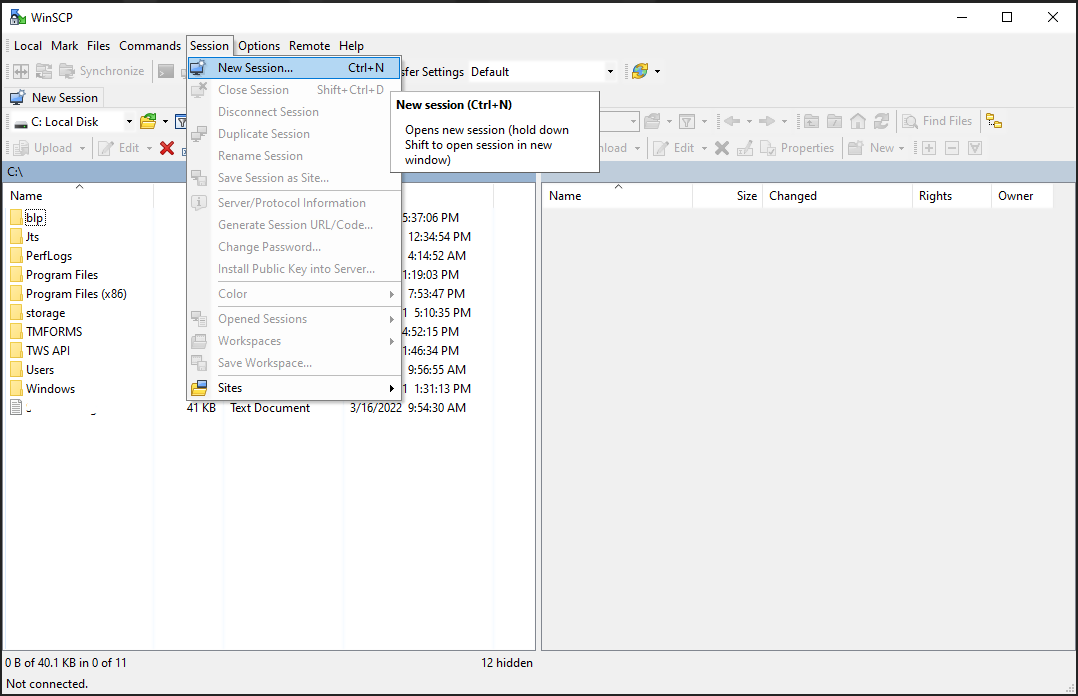 The sFTP New Session menu