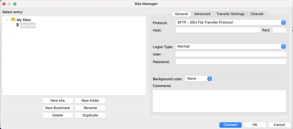 The sFTP site manager on a mac. 