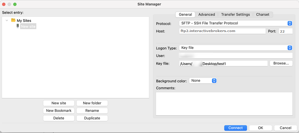 The sFTP site manager key file on mac