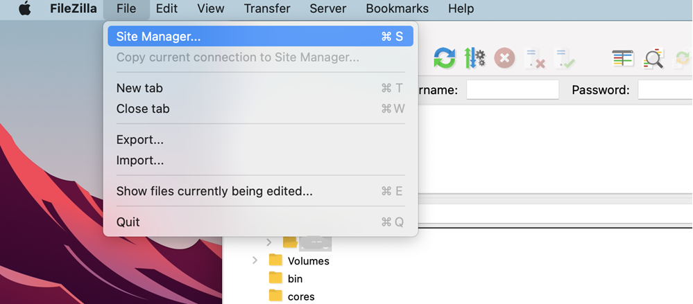 The sFTP new session on a mac. 