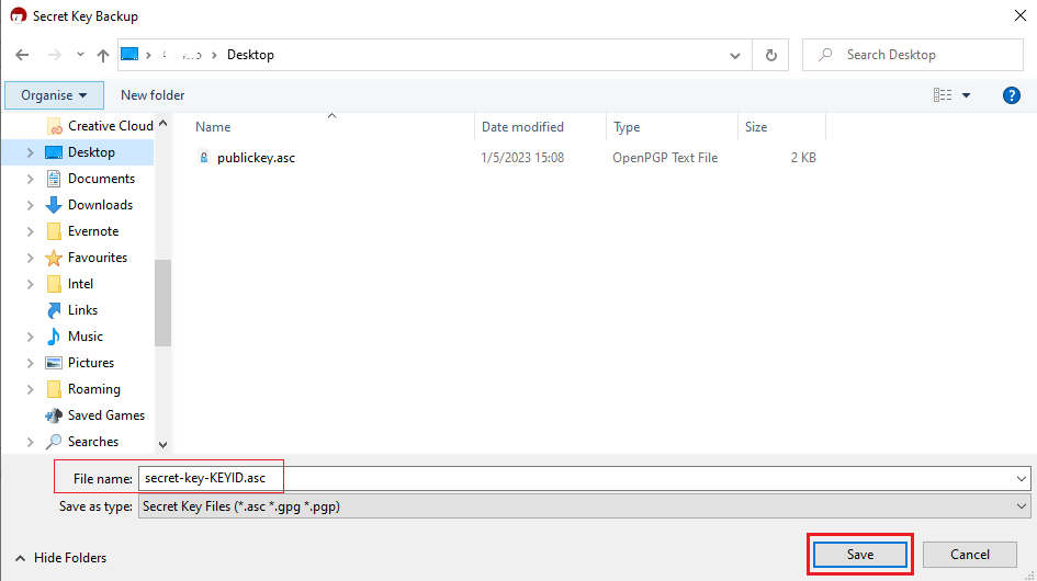 The kleopatra select backup folder window. 