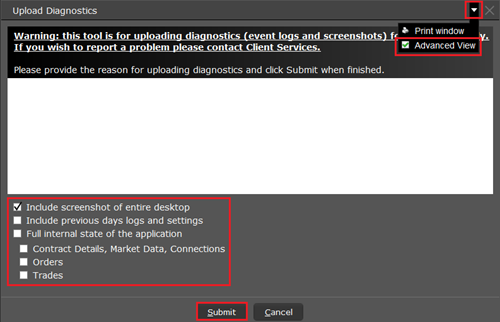 The upload diagnostics window