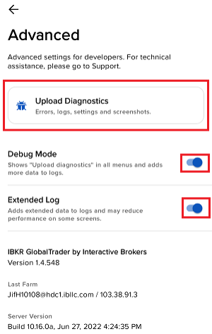 The IMPACT android upload diagnostics menu