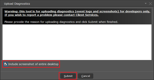 The upload diagnostics include screenshot check box