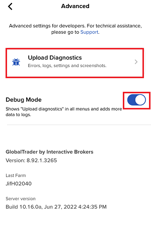 The IMPACT iPhone upload diagnostics menu