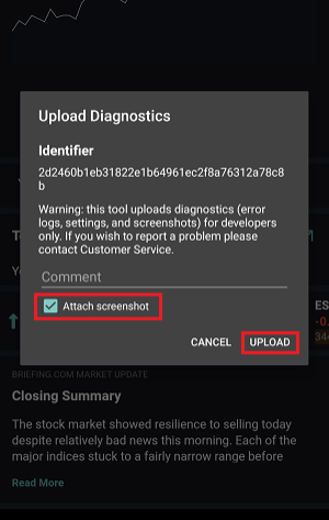 The android upload diagnostics attach screenshot menu