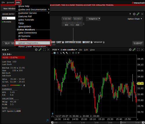 The upload diagnostics in TWS menu