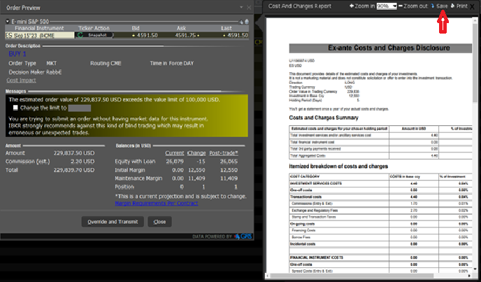 The classic TWS cost impact ex-ante menu