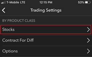 The mobile app stocks trading settings. 
