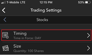 The mobile app stocks trading settings timing menu. 
