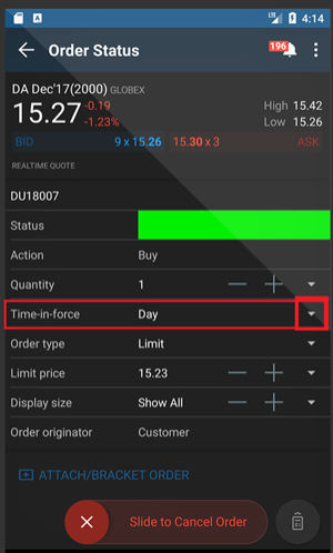 The mobile order status time-in-force dropdown. 