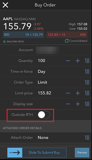 The iOS buy order outside RTH button. 