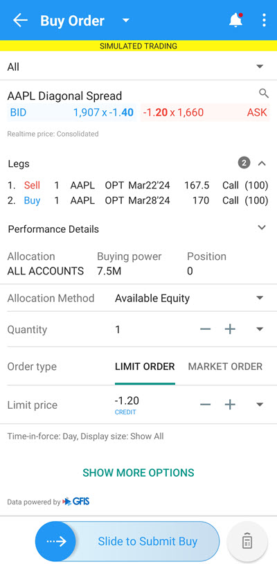 the android roll option buy order