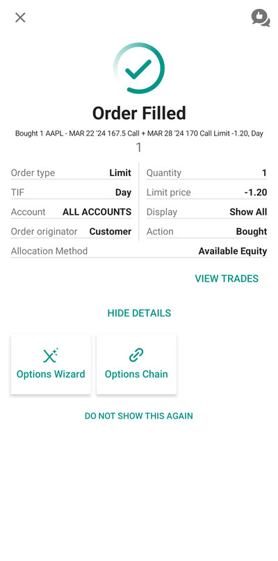 The android roll option order filled. 