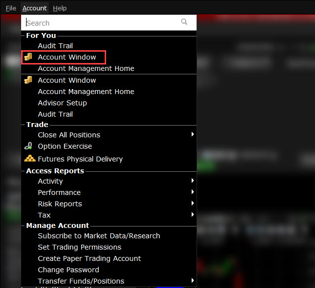 The account window menu. 