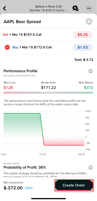 The GlobalTrader create order button. 