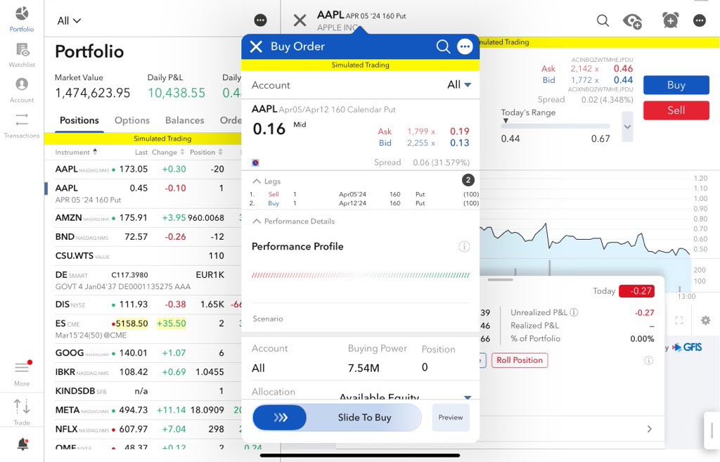 The iPad roll option buy order preview. 