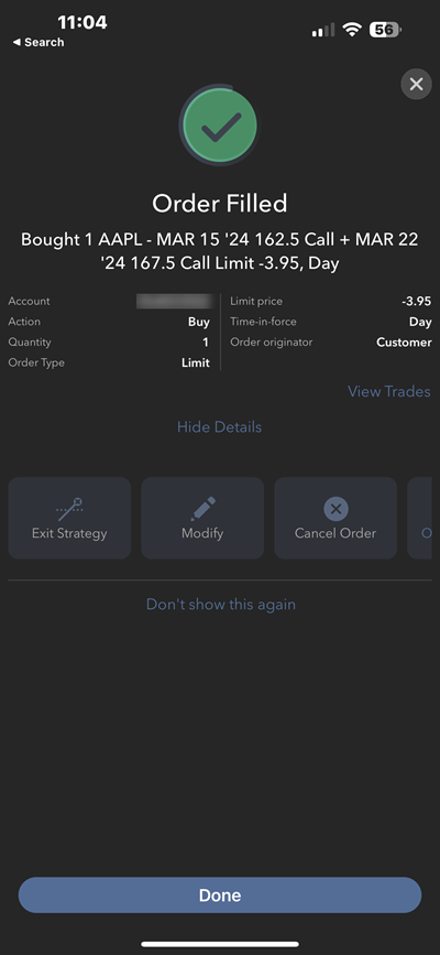 The iPhone rollover order filled page. 