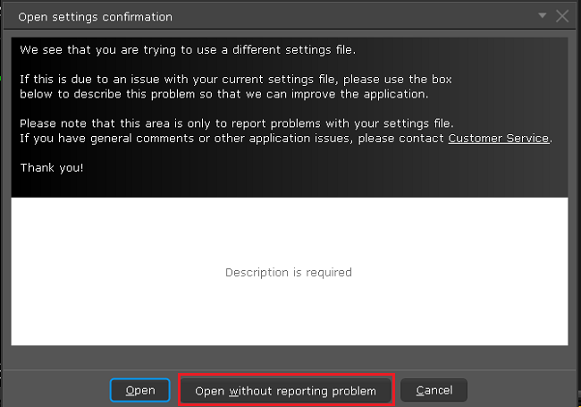 The open settings confirmation panel. 