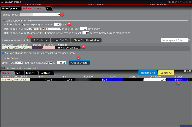 The roll over options tool. 