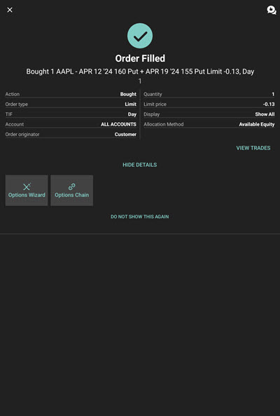 The tablet order filled confirmation page. 