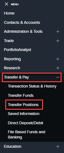 Home menu transfer positions 