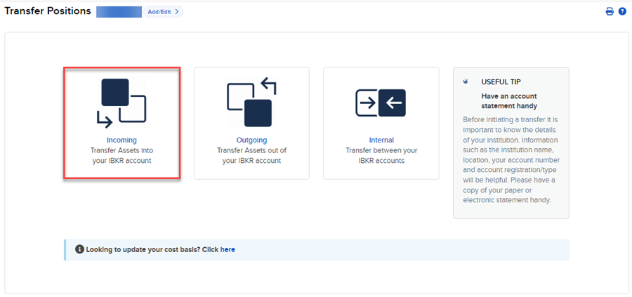 The transfer positions incoming transfer button