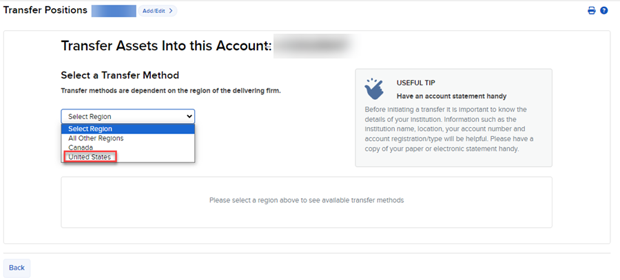 Select region drop down for transfer assets in portal. 