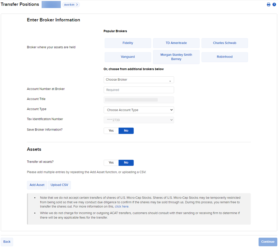 The ACATS position transfer panel in portal. 
