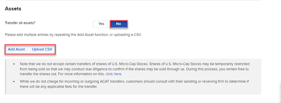 The ACATS add assets button panel. 