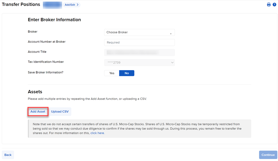 The FOP enter broker information panel. 