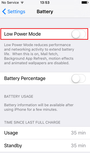 The iPhone settings low power mode button. 