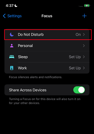 The iPhone focus do not disturb on tab