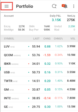 The android ibkr mobile menu botton. 