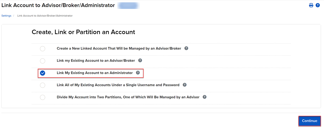 The link my existing account to an administrator selection in org. portal. 