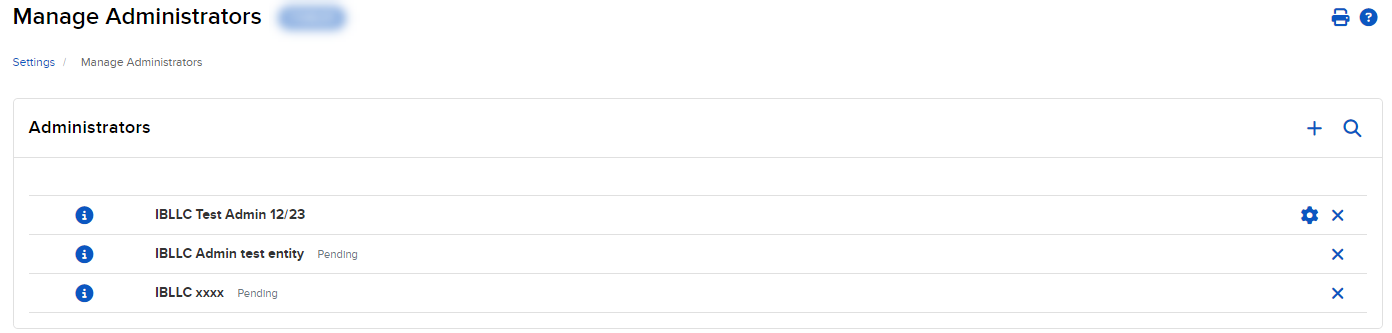 Manage Administrators The manage administrators panel in org. portal.